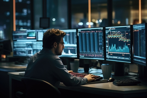 Male business analyst reviewing fraud information through a dual screen monitor in an office at night